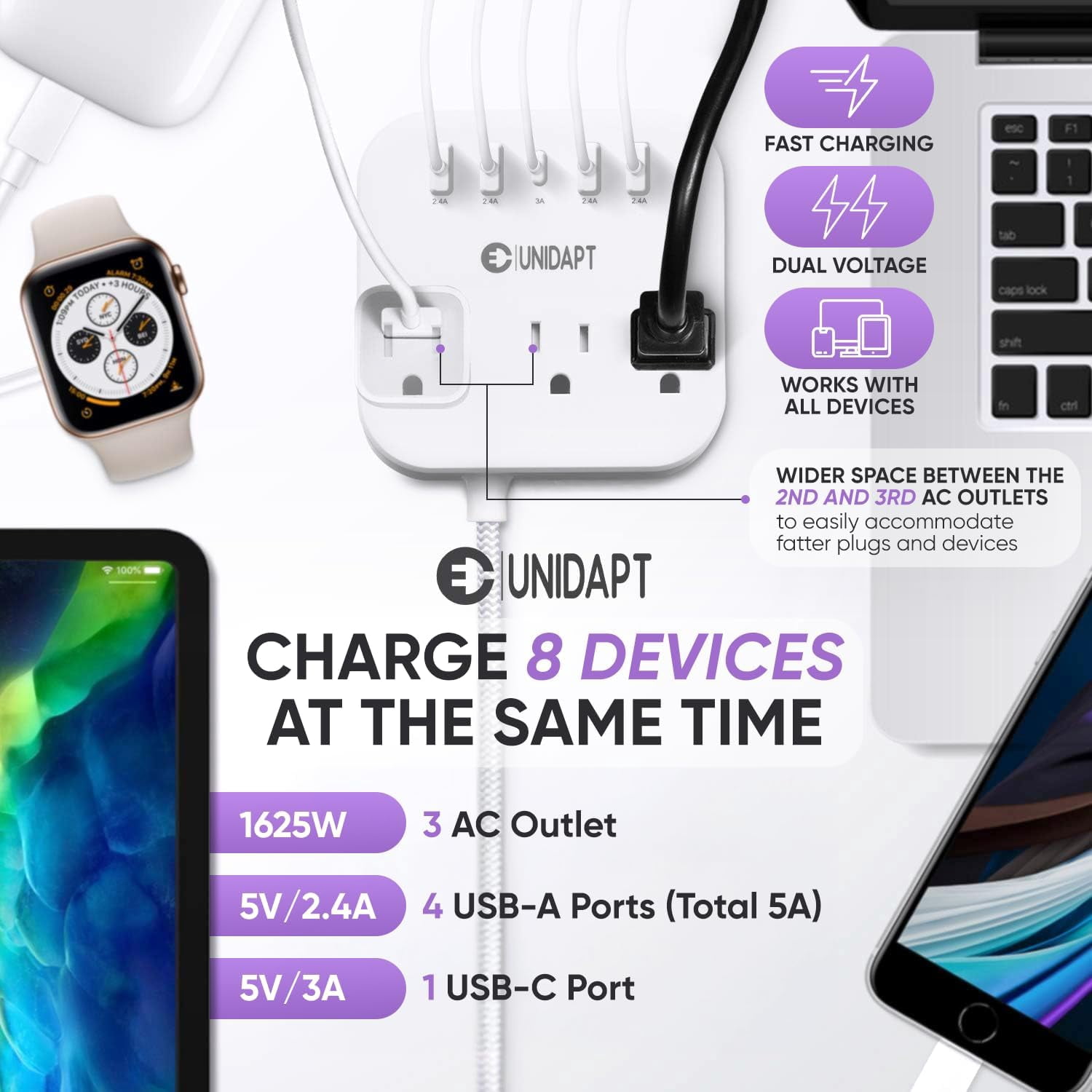 European Plug Adapter, US to UK Europe Power Strip for EU/UK/US with USB C and 4 USB Ports, 3 AC Outlets, Wall Mountable, 5ft Extension Cord, for Travel Cruise Ship Home