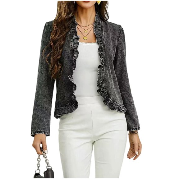 Minjewel Womens Cropped Denim Jacket Ruffle Hem Short Length Button Front Casual Coat for Summer Fall,Black L
