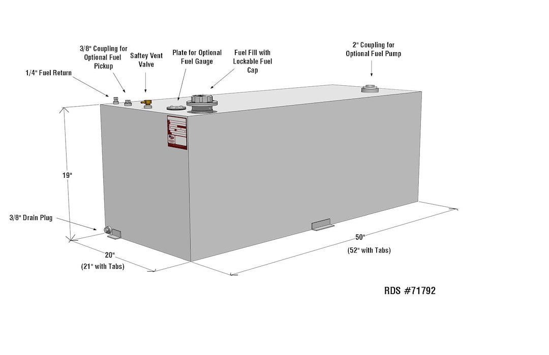 RDS RDS71792 80 gal Rectangle Aux Transfer Fuel Tank, 50 x 20 x 19 in.