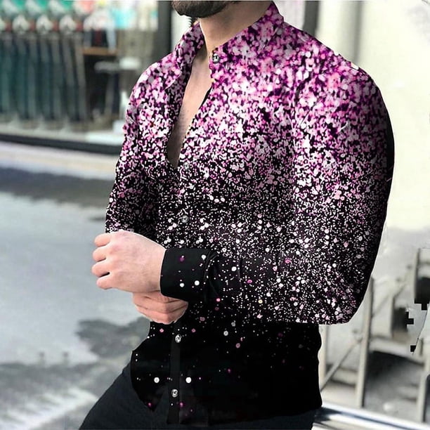Camisa de hombre con estampado brillante, manga larga, informal, con solapa, para exteriores, con botones, a la moda, transpirable, para verano y primavera