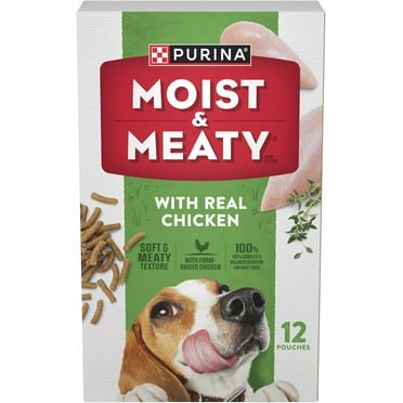 Purrina Moist and Meat Soft Dog Food, Real Chicken Recipe, Wet Dog Food, Pouches (12 Pack) 100 Percent Complete and Balanced Adult Dog Food Pouch