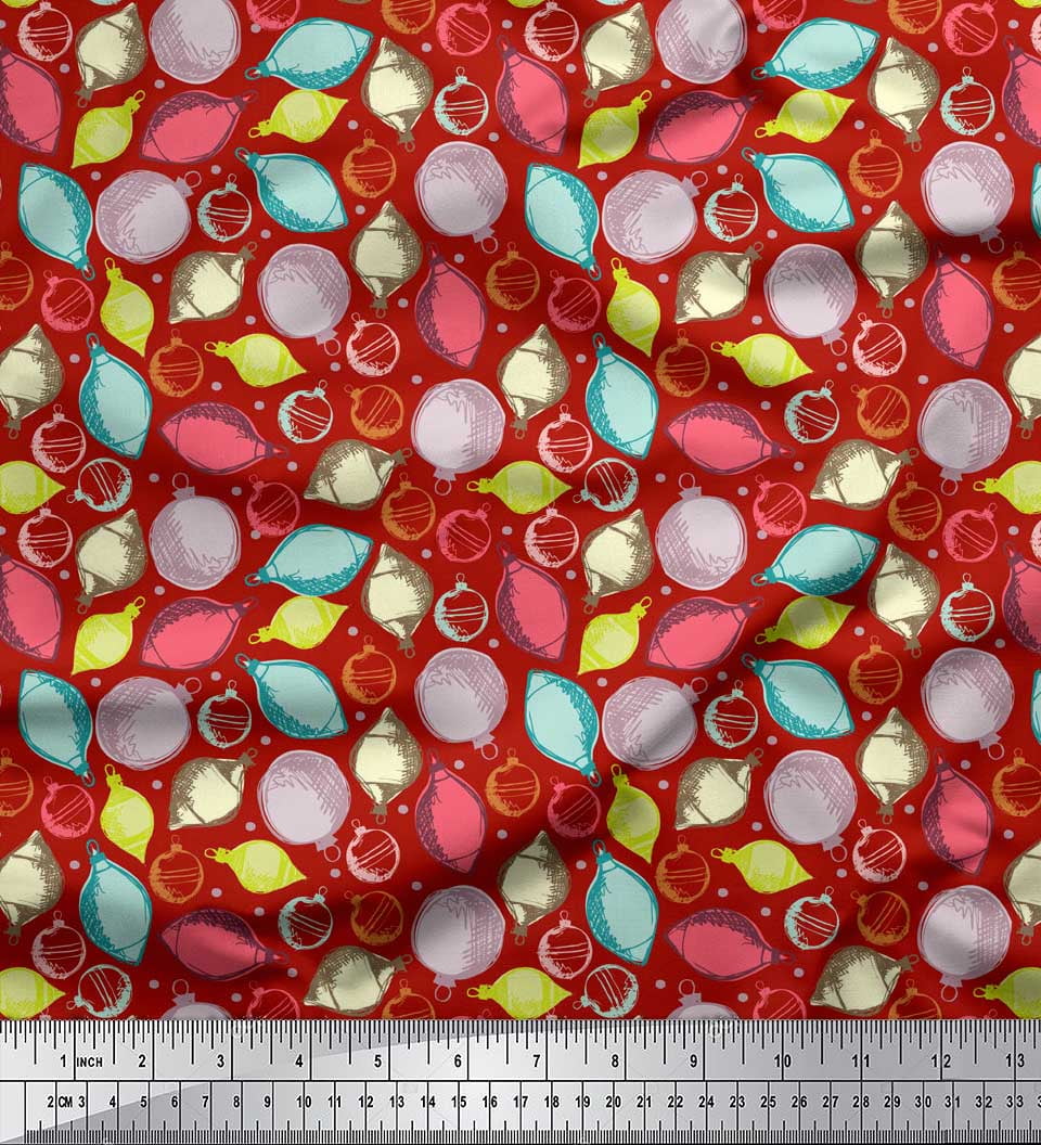 Soimoi Red Cotton Voile Fabric Dot & Ornaments Christmas Printed Fabric 1 Yard 56 Inch Wide