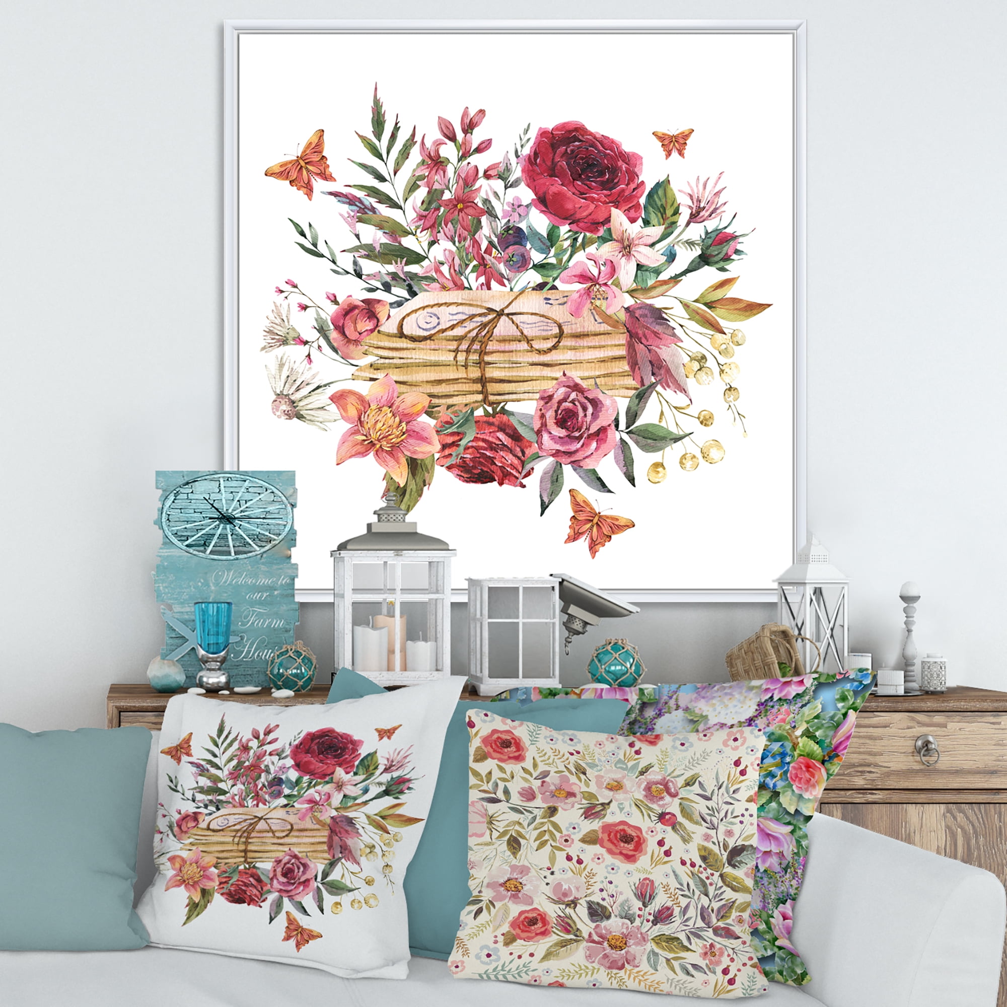 Wildflowers With Vintage Old Letters 36 in x 36 in Framed Painting Canvas Art Print, by Designart