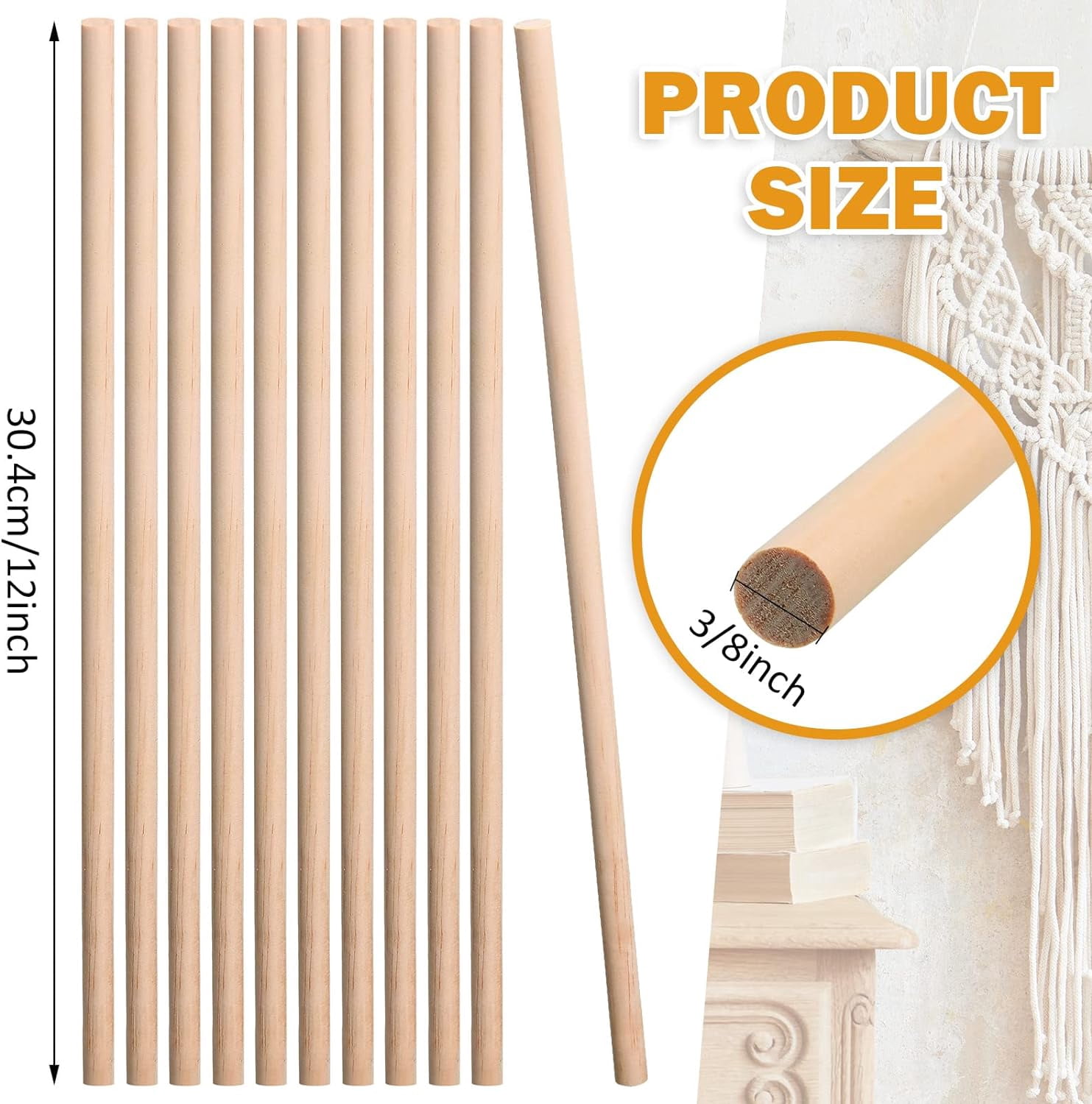 100 Pcs Dowel Rods Wood Sticks for Crafts 3/8 x 12 Inch Wooden Dowel Rods Unfinished Hardwood Sticks for DIY Crafts Art Class Woodworking