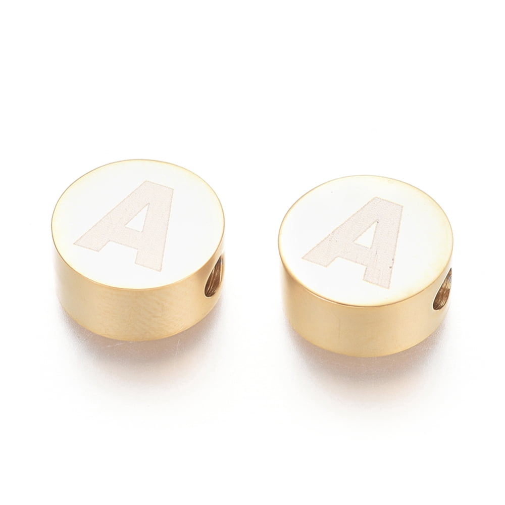 26 pc 304 Stainless Steel Beads Flat Round & Alphabet Letter A~Z 10x4.5mm Hole: 2mm