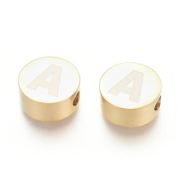 304 Stainless Steel Beads Flat Round with Letter Letter.A 10x4.5mm Hole: 2mm