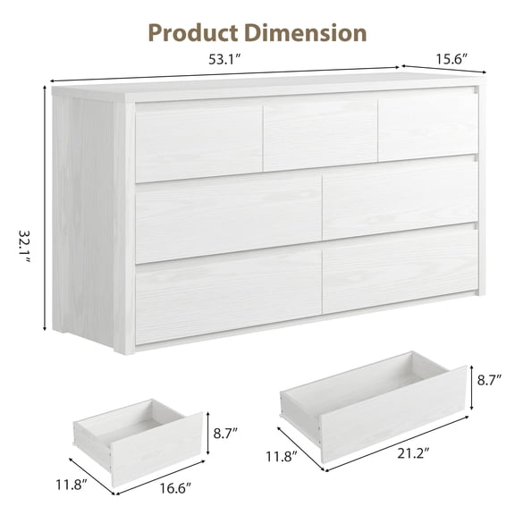 7 Drawer Dresser, 53" Wide Modern Chest of Drawers, Wooden Bedroom Drawer Dresser with 7 Storage Drawers for Bedroom, Living Room, with Anti-Tipping Device