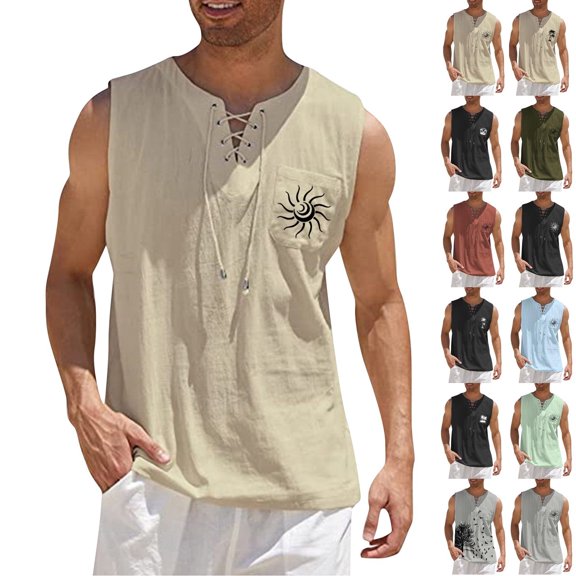 LNZGNM Men's Tank Top Lace-Up Linen Sleeveless Tank Top, Breathable Summer Tank Top Sleeveless Workout Tank for Men,Beige(XL)
