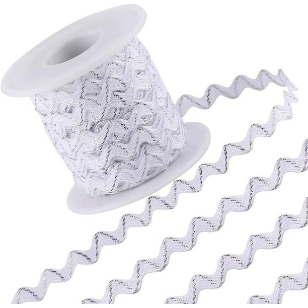 Cinta de flecos ondulados blancos brillantes metálicos de 16,4 yardas/15 m (1/4 de pulgada), cinta de tela tejida en zigzag.
