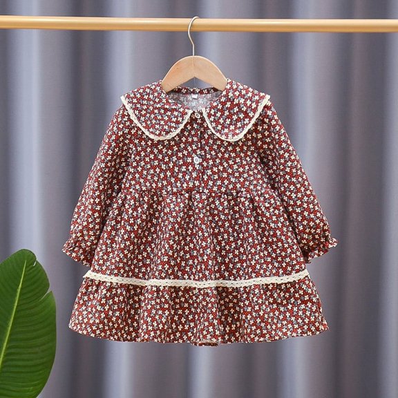 Yidarton Girls spring and autumn 2022 new temperament girl floral long-sleeved princess dress Korean version of the female baby skin-friendly breathable Red 110CM