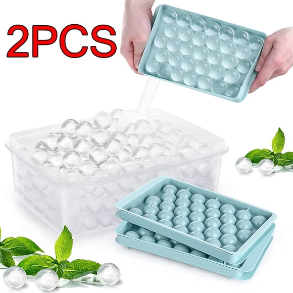 Round Ice Cube Tray with Lid,Plastic Ice Cube Mold,Refrigerator Spherical Ice Box,Mini Ice Mold Kitchen Tools,2Pcs,Blue