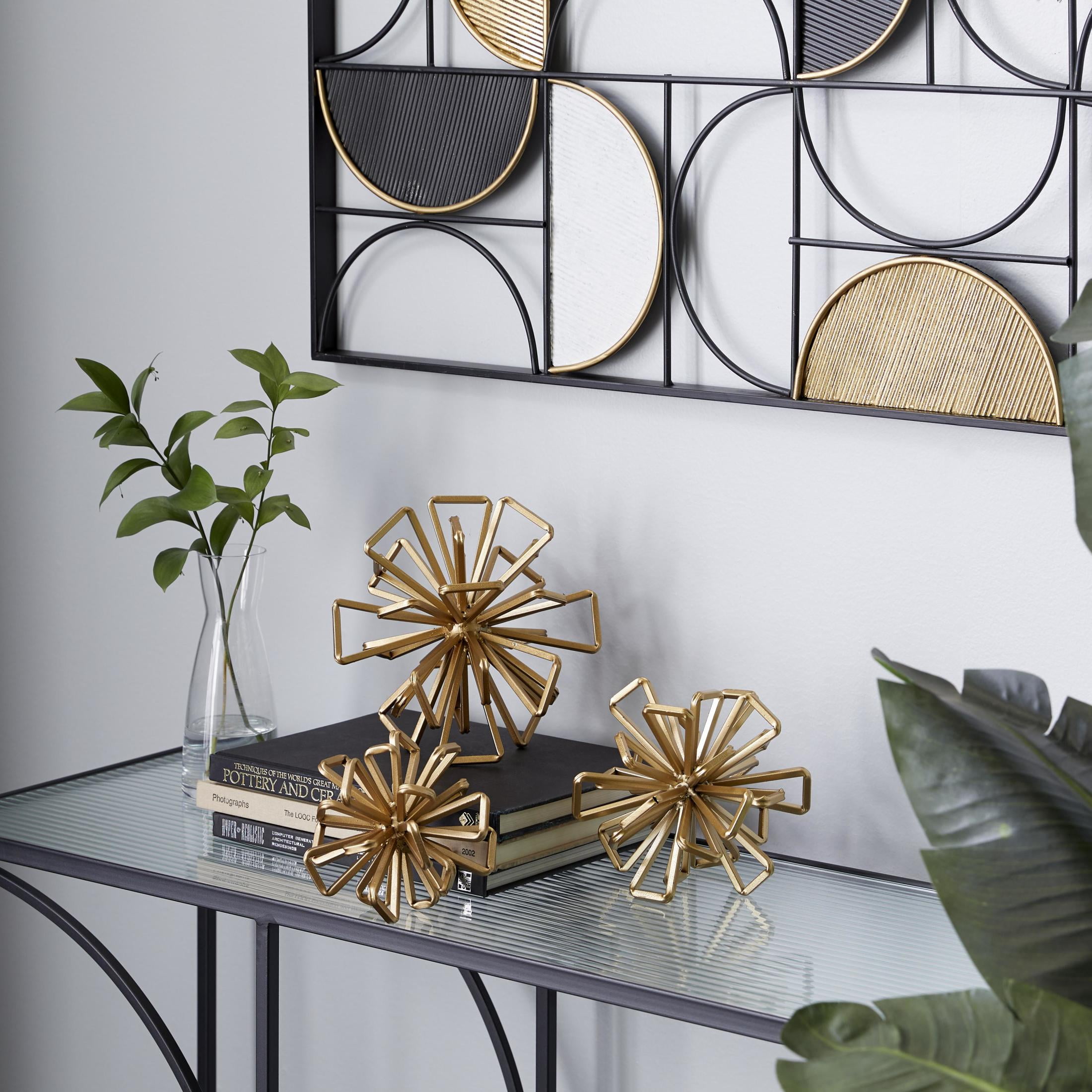 8", 7", 6"W Gold Metal Wire Rod Orb Geometric Sculpture, by DecMode (3 Count)