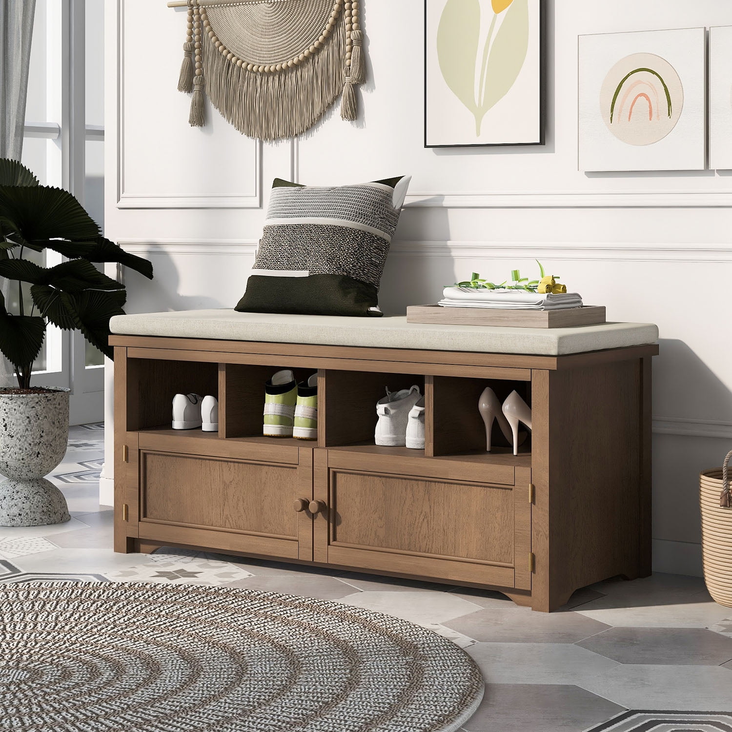 Kadyn Rustic Style Two-Door Storage Bench, Shoe Entryway Bench with Linen Upholstered Top Cushion, Pine Organizer Footrest Bench Ottoman for Entryway, Brown Kadyn Rustic Style Two-Door Storage Bench, Shoe Entryway Bench with Linen Upholstered Top Cushion, Pine Organizer Footrest Bench Ottoman for Entryway, Brown