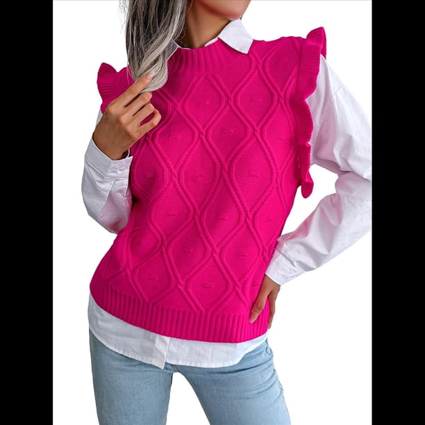 Suéter Sin Mangas con Volantes para Mujer, Cuello Redondo, Tejido de Punto, para Verano Rosa Roja M
