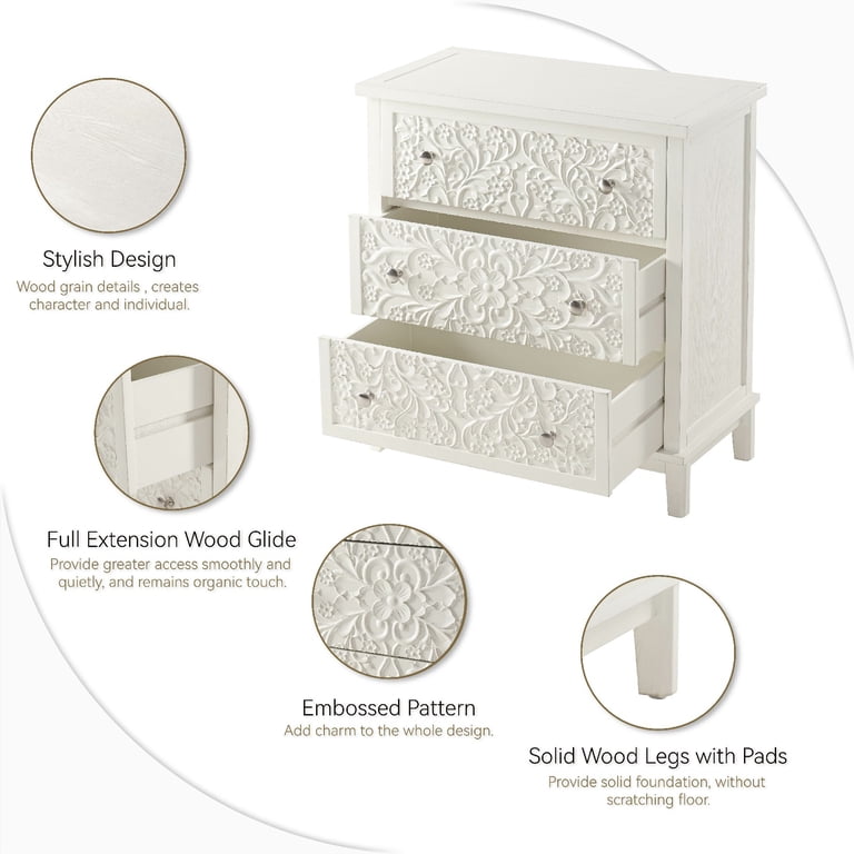 COZAYH, 3-Drawer Flower Motif Dresser, Fully Assembled, White