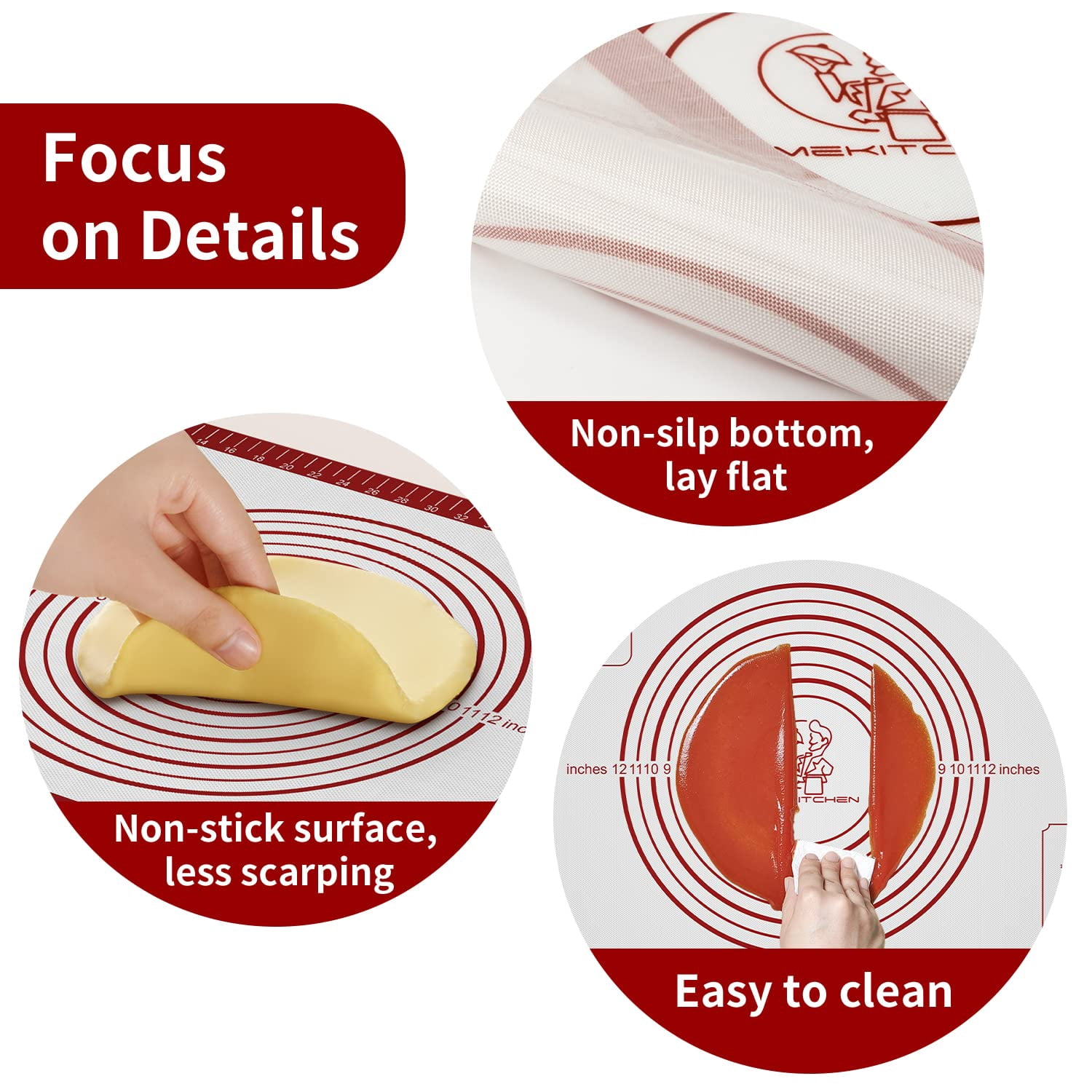 Silicone Dough Rolling Mat, Non Stick Pastry Sheet for Baking Fondant Pie Crust, Non-Slip Countertop Oven Liner with Measurements, Perfect for Cookies Macarons Bread, Extra Large, Red