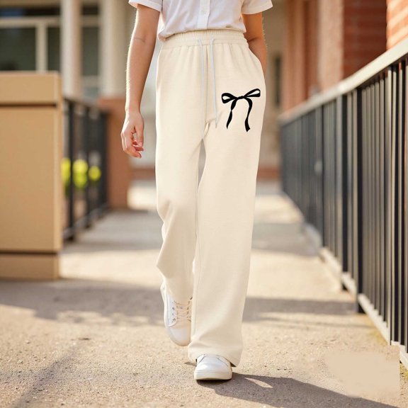 Girls Bowknot Baggy Sweatpants Lightweight Straight Leg Athletic Pants With Pockets For Casual Wear