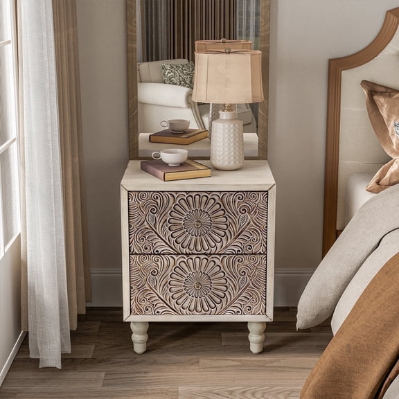 COSIEST Rectangular Vintage End Table with 2 Drawers, Light Gray for Living Room