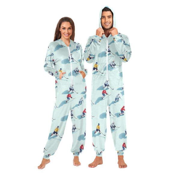 FORMRS Onesies Pajama for Adults Unisex Hoodie Winter Jumpsuit One Piece Sleepwear, Sizes S-2XL, Ice Hockey