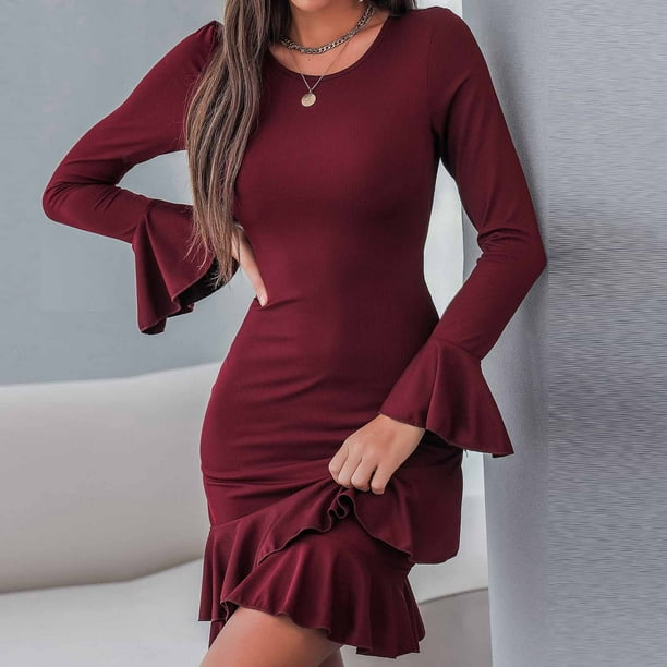 Womens Dresses Trumpet Long Sleeve Dress for Women Crewneck Solid Color  Slim Fitted Ruffle Dress Fashion Casual Work Mini Dress - Walmart Business  Supplies