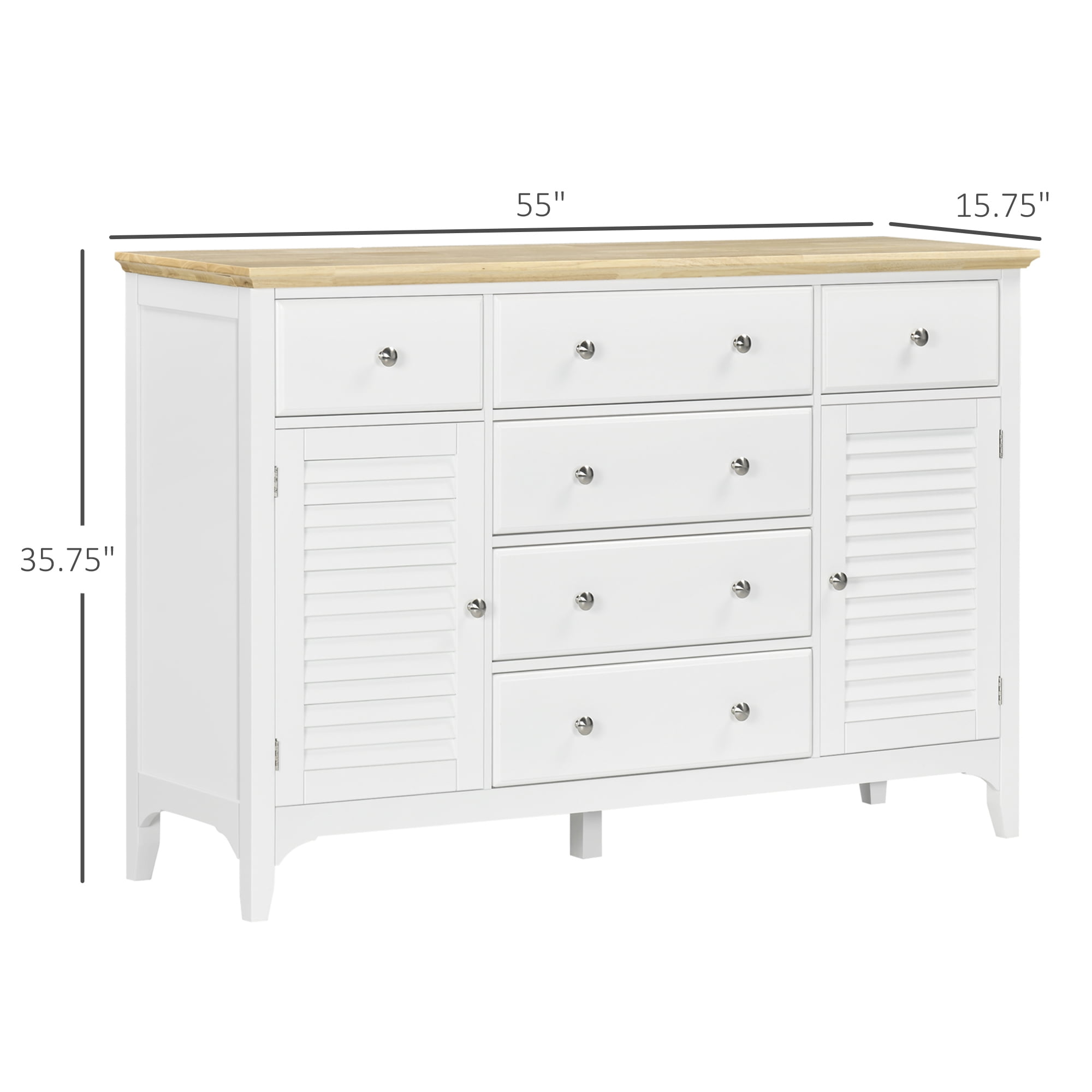 HOQBN Sideboard Buffet Cabinet with Storage Drawers, Rubber Wood Top and Adjustable Shelves, Coffee Bar Cabinet, White