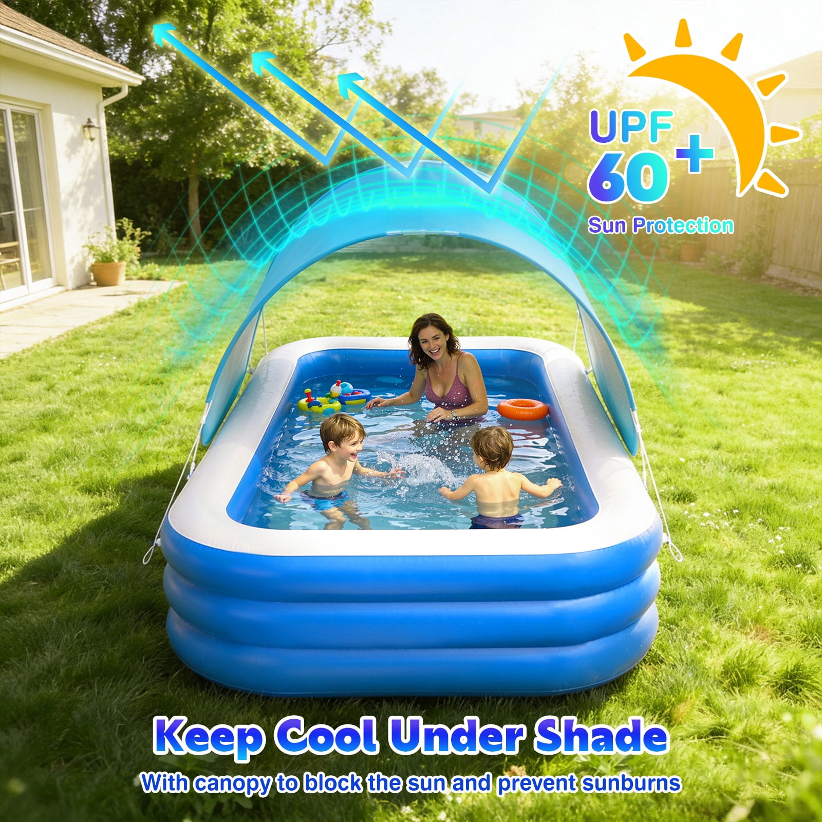 MoKo Inflatable Pool with Canopy, Blow Up Pool for Adults Kids, Large Kiddie Pool with Shade, Kid Swimming Pool for Backyard 102"x65"x23", Blue
