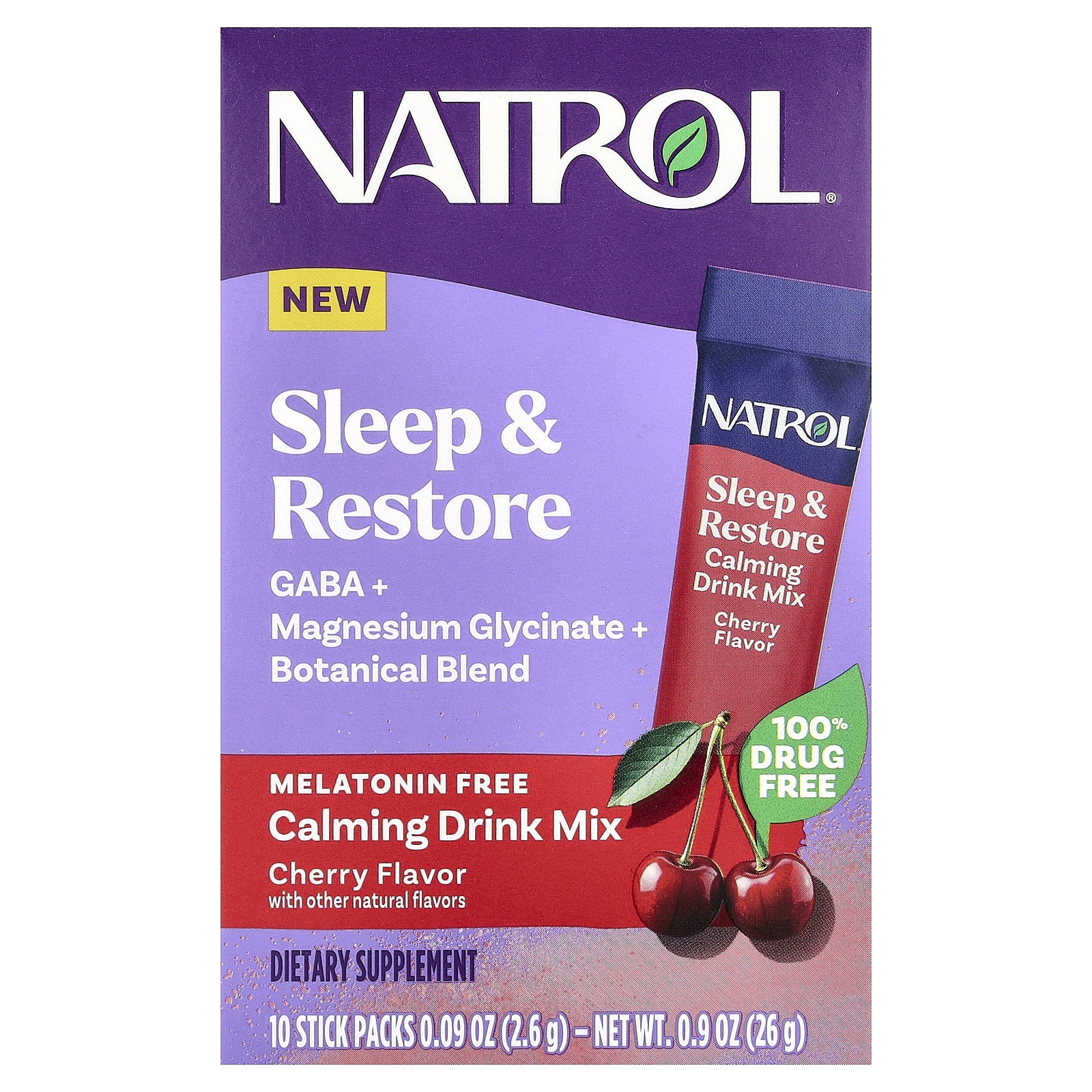 Natrol Sleep & Restore Calming Drink Mix, GABA, Magnesium Glycinate, Botanical Blend, Melatonin-Free, Essential For Your Ultimate Restorative Sleep, Cherry Flavored, 10 Stick Packs