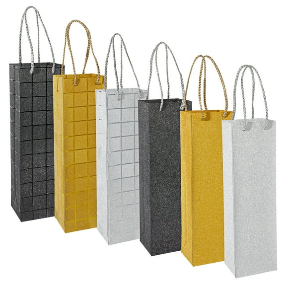 Juvale Wine Gift Bags for Wine Bottles - Pack of 6, 3.8 x 14 x 3.3 In, Silver, Black & Gold - Foiled Glitter Finish with Rope Handles - Champagne Bottle Gift Bag