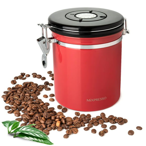 Mixpresso 16 Oz Coffee Canister Red, Stainless Steel Airtight Coffee Container, Ground Coffee Bean Storage with Date Tracker, Vacuum Sealed Espresso Airtight Container, Sugar Container
