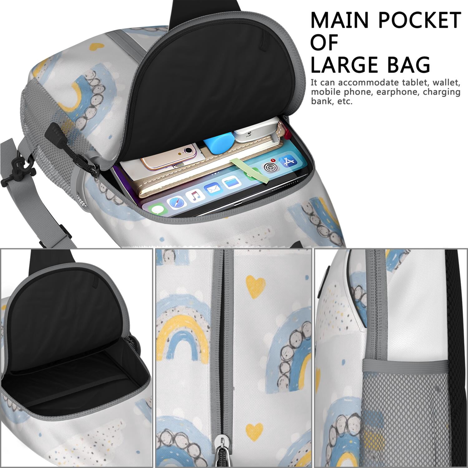 Rainbow Cartoon Crossbody Sling Bag for Women Men Hiking Sling Backpack Sling Backpack for Traveling Office Hiking Sling Pack Trendy Sling Backpack