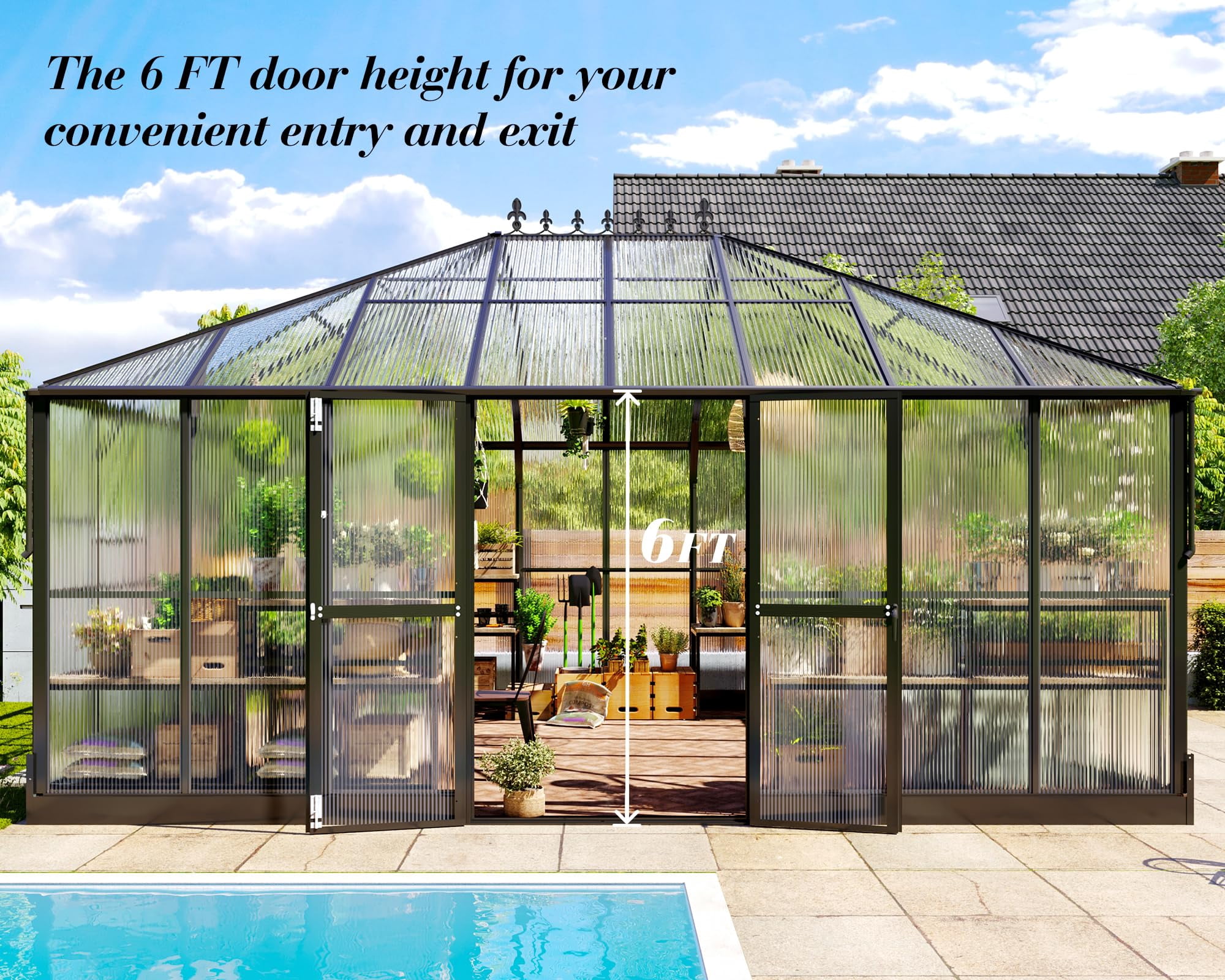 Jocisland 16x12x9.5 ft Polycarbonate Greenhouse- 6 ft Wall Height Outdoor Aluminum Walk-in Greenhouses with 2 Ventilation, for Backyard Garden