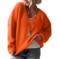 thumbnail image 2 of Women Soft Deep V Neck Drop Shoulder Lantern Long Sleeve Oversized Lazy Fit Solid Knit Sweater Orange XL, 2 of 8