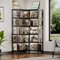 CLAUBIO 6-Tier L-Shaped Bookcase Storage Organizer, Tall Corner Bookshelf-Open Display Freestanding Storage, Wood and Metal Storage Rack, Black