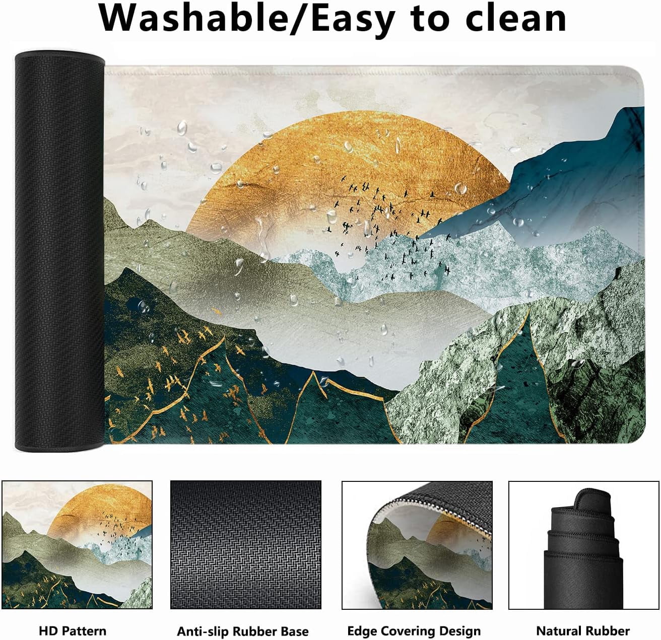 Desk Mat,The Green Golden Mountains by Sunset Extended Gaming Mouse Pad,Large Non-Slip Rubber Base Mousepad with Stitched Edges,Waterproof Mouse Mat Desk for Office Game Home 35.4x15.75 in