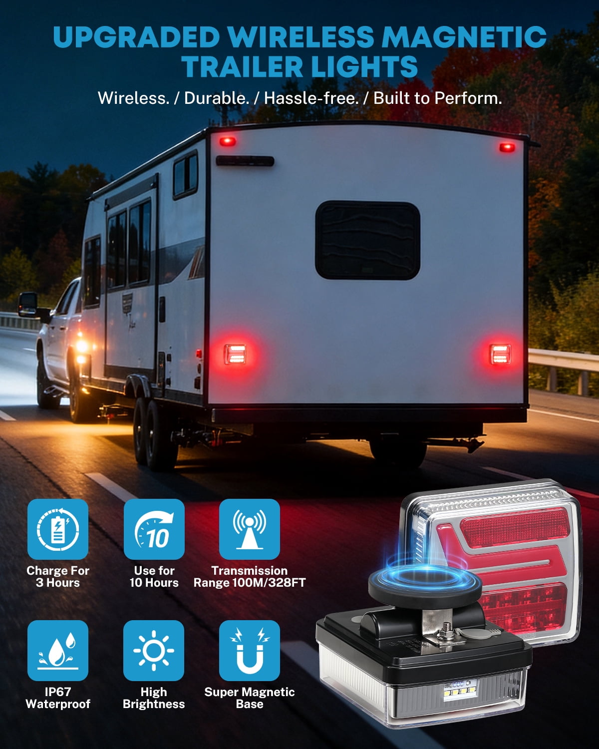 Kohree Wireless Trailer Lights Magnetic, 328 FT Signal Synchronization, Rechargeable Wireless Trailer Tow Lights LED Kit, IP67 Waterproof, 10-Hour Battery Life for Towing Truck Camper RV Boat