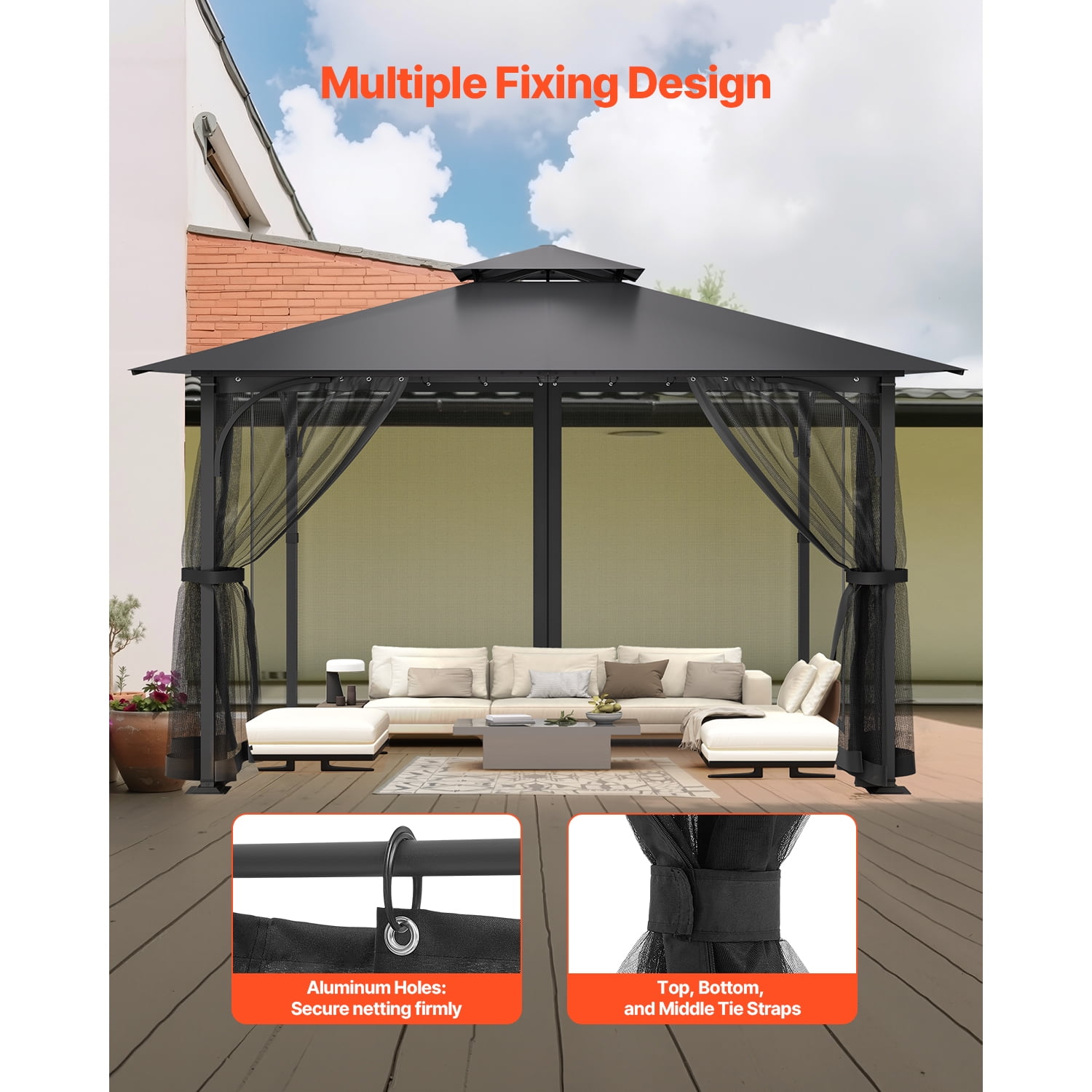 KFFKFF Gazebo Netting Replacement, Compatible with Most 10 x 10 x 6.5 FT Gazebos, Outdoor Mesh Curtain with 4 Panels, Patio Sidewall Netting with Double Zippers, Canopy Screen for Insect Protection
