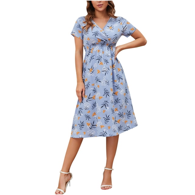 RKSTN Robes d'Été pour Femmes Imprimé Floral Col en V Manches Courtes Volants Robe Décontractée