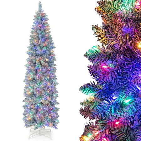 Gymax 7 FT Pre-Lit Artificial Christmas Tree Hinged Slim Pencil Christmas Tree w/ 670 Branch Tips