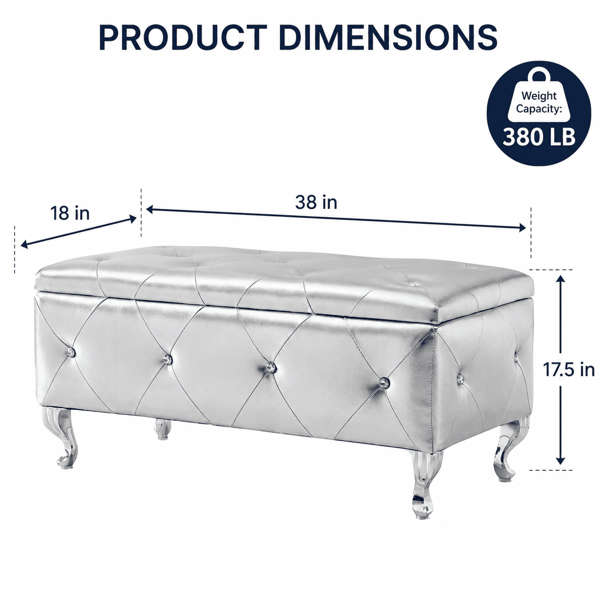 Aukfa 38" Upholstered Storage Ottoman Bench with Hidden Storage, Crystal Tufted Faux Leather Bed Bench, 380 lb, Silver