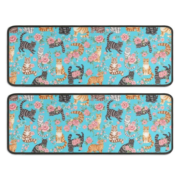Cat and Flower Blue Pattern Anti Fatigue Kitchen Rugs Set Of 2, Non Slip Washable Decorative Floor Mats for Sink Laundry and Home Use, 17"x47"