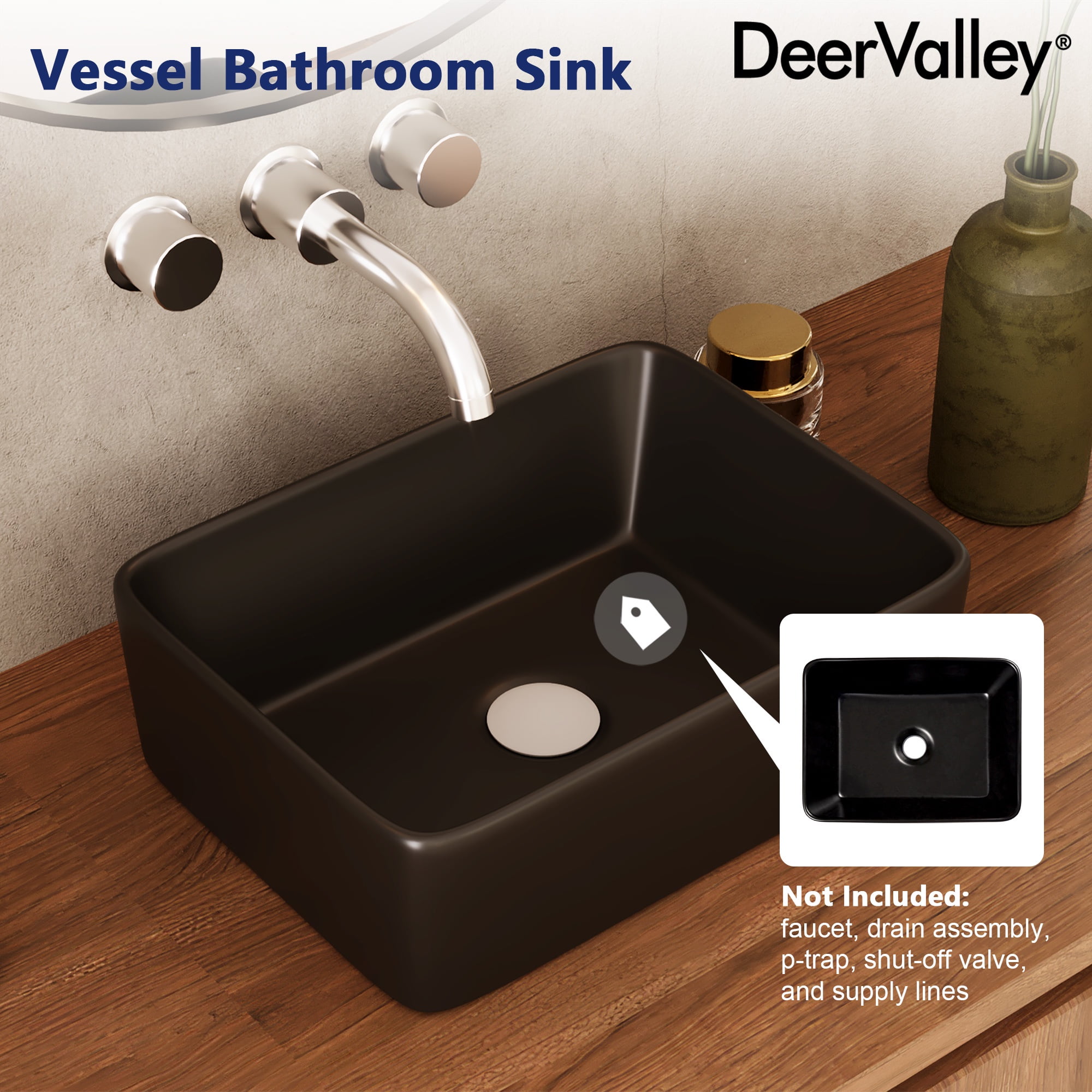 DV-1V0048B DeerValley Liberty 16 in. L x 12 in . W Rectangular Bathroom Ceramic Vessel Sink in Black, Faucet not Included