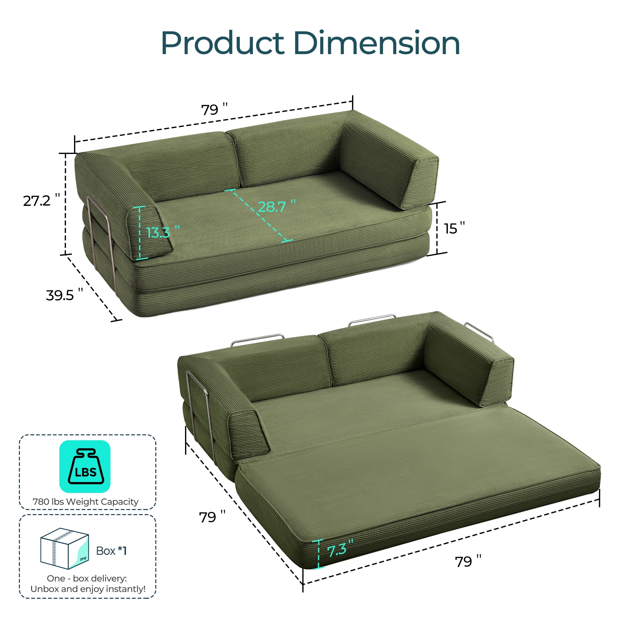 Linsy Home Corduroy Futon Sofa Bed Couch, Convertible Boneless Cloud Couch Bed,  King Size Sleeper Sofa Bed, Green
