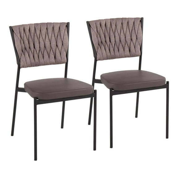 LumiSource Black Metal, Grey PU, Light Brown Fabric Braided Tania Chair - Set of 2