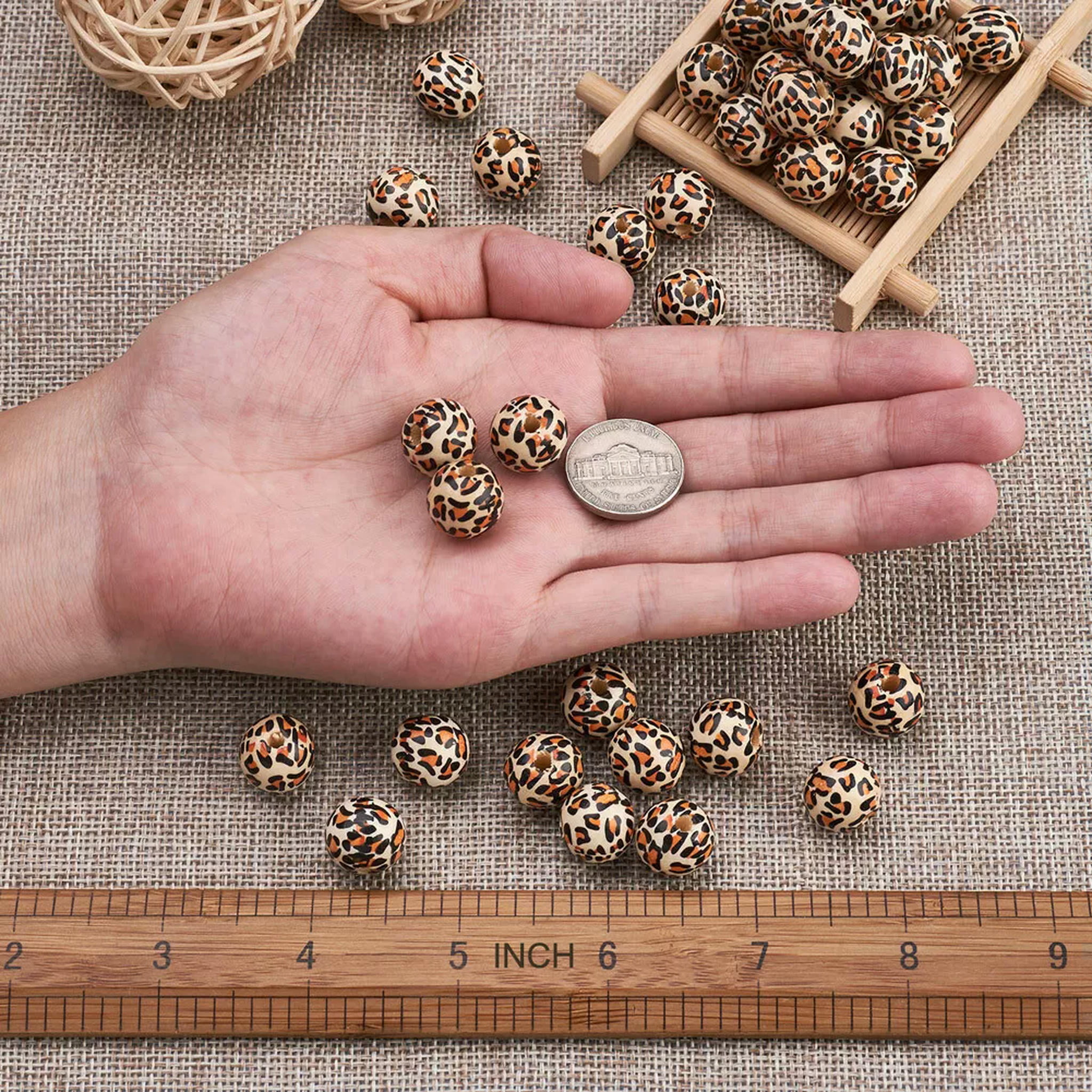 EOEMY 50Pc 13mm Round With Leopard Printed Natural Wooden Beads Peru Ball Loose Spacer