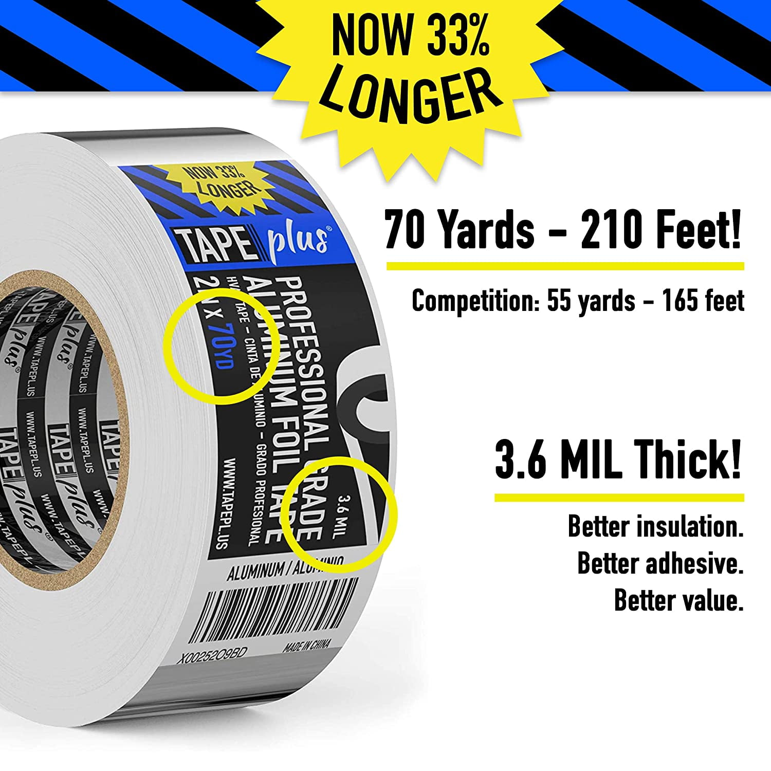 TapePlus Professional Grade Aluminum Foil Tape - 2 Inch by 210 Feet (70  Yards) 3.6 Mil - High Temperature - Perfect for HVAC, Sealing & Patching  Hot & Cold Air Ducts, Metal Repair, More! 