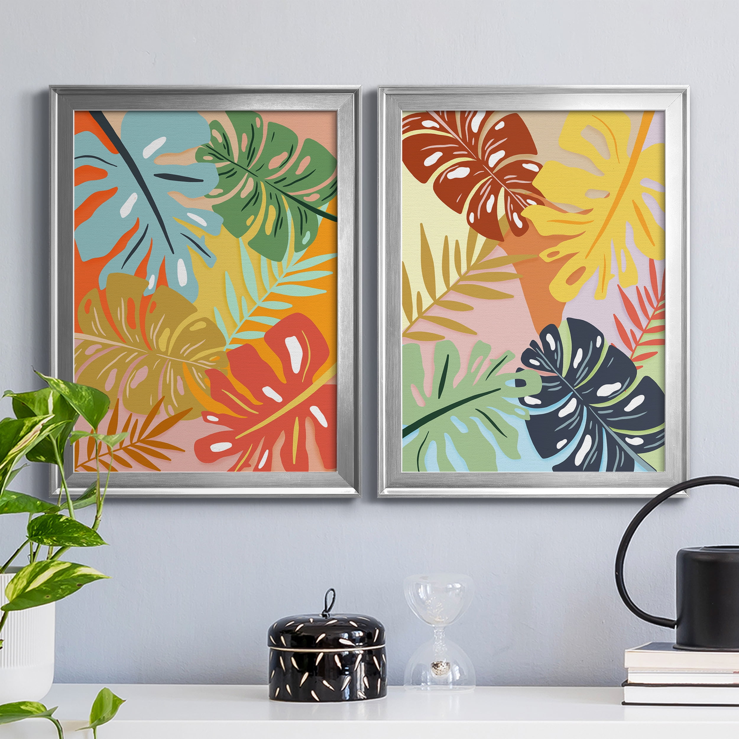2 Piece Set Tropical Foliage I Premium Framed Canvas - Ready to Hang - 22.5 x 30.5 Each - Silver Frame