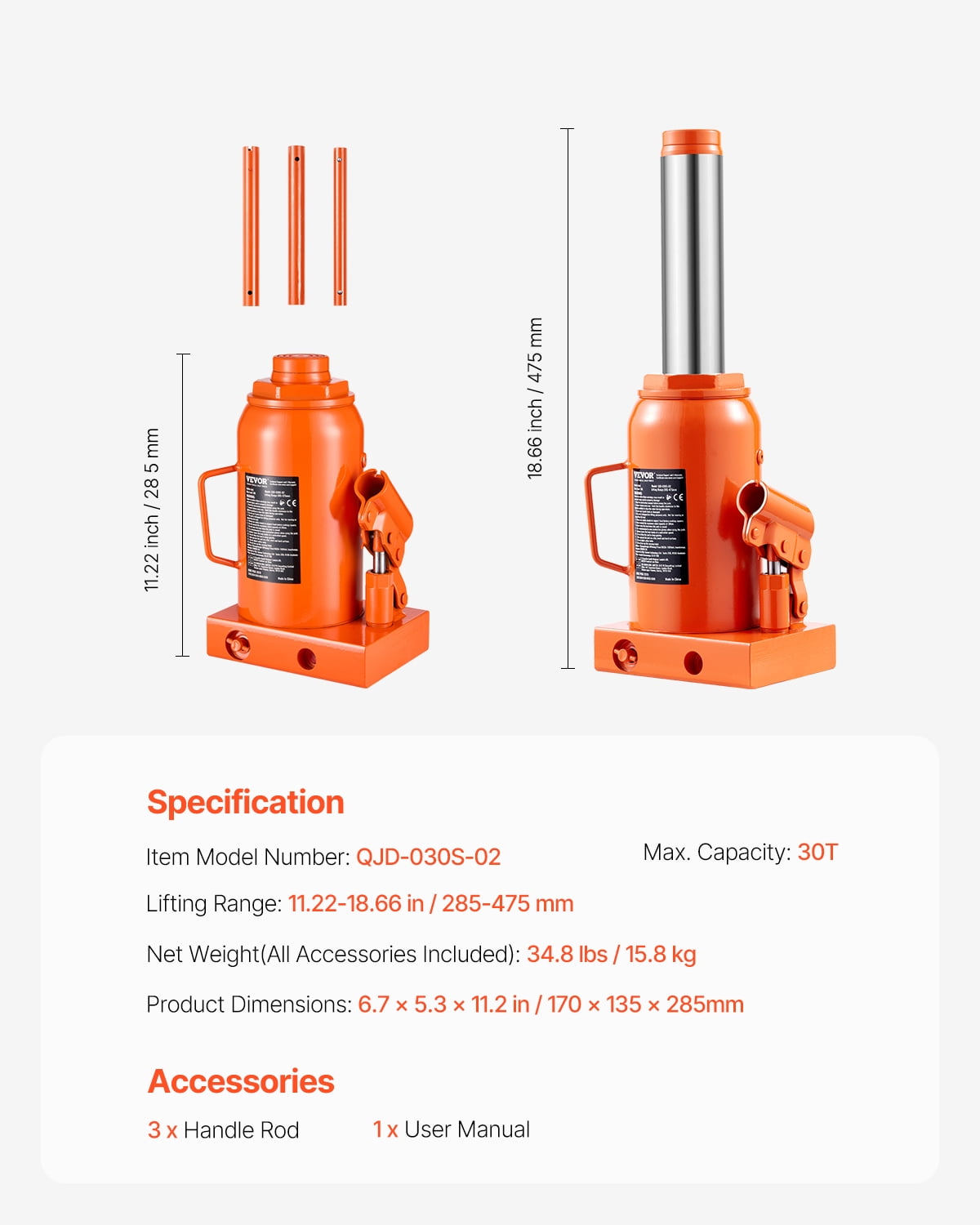 VEVOR Hydraulic Bottle Jack, 30 Ton/66138 lbs Welded Bottle Jack with 11.22''-18.66'' Lifting Range & 3-Section Long Handle