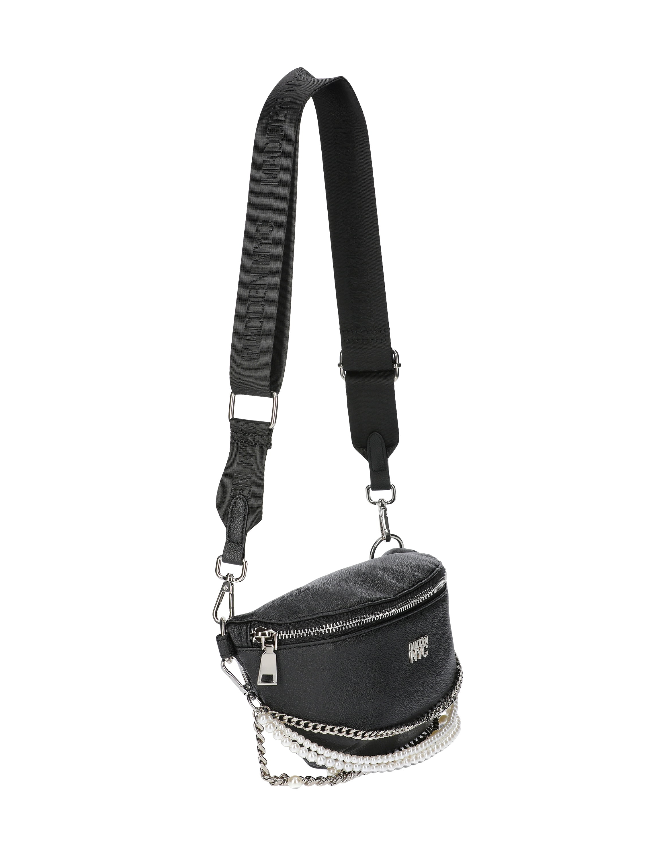 Madden NYC Women's Faux Pearl and Chain Fannypack, Black