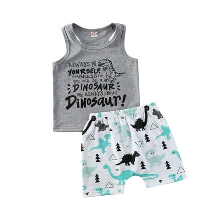 

Suanret 2Pcs Toddler Baby Boy Summer Short Pants Set Letters Print O-Neck Sleeveless Tank Top Cartoon Dinosaur Print Shorts Grey 1-2 Years