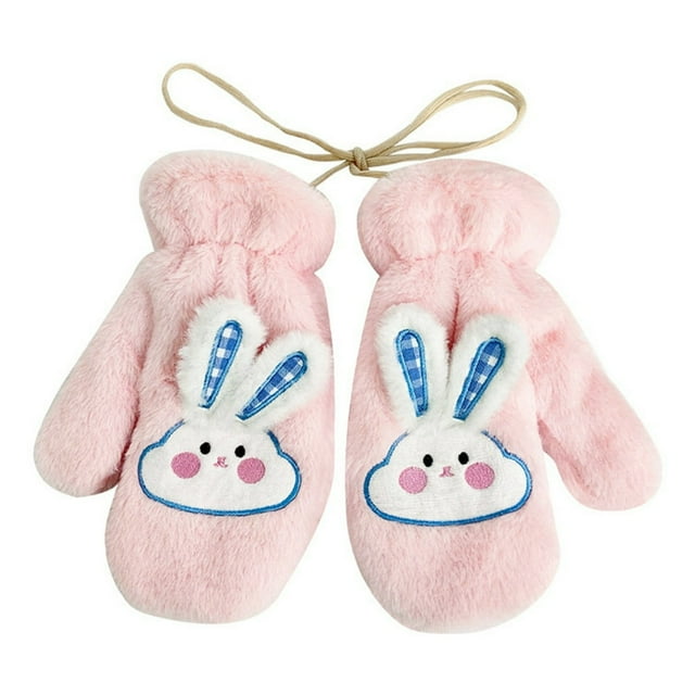 1 Pair Hanging Rope Halter Elastic Cuffs Thickened Ridding Gloves Winter Cartoon Rabbit Girls Cycling Skiing Plush Mittens for Cold Weather